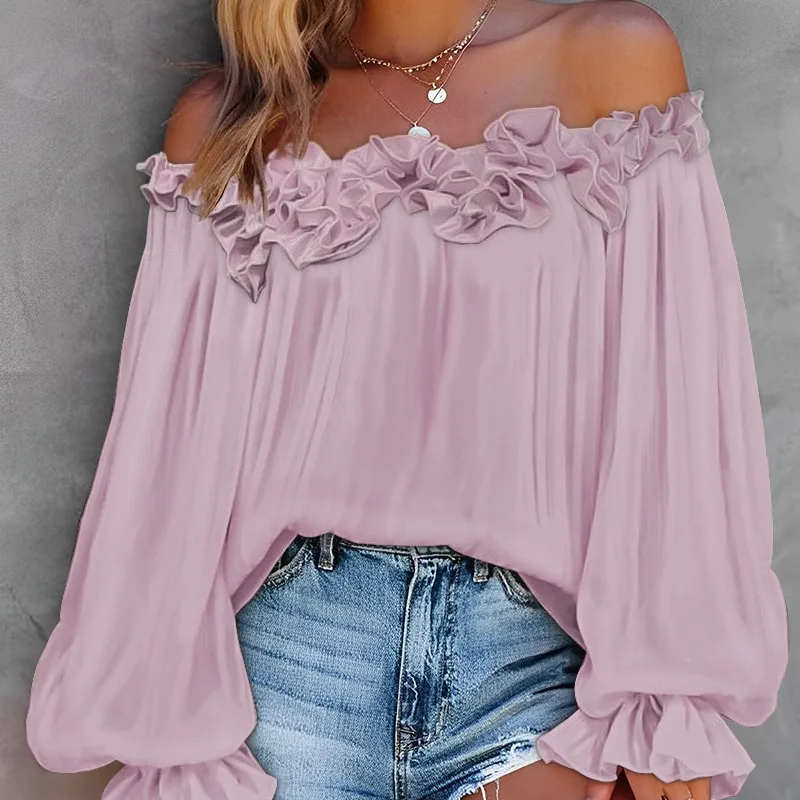 Fashion White Ruffled One-shoulder Long-sleeved Top for Women Spring Autumn 2024 New Elegant Lady Blue T-Shirts Sweet Tops