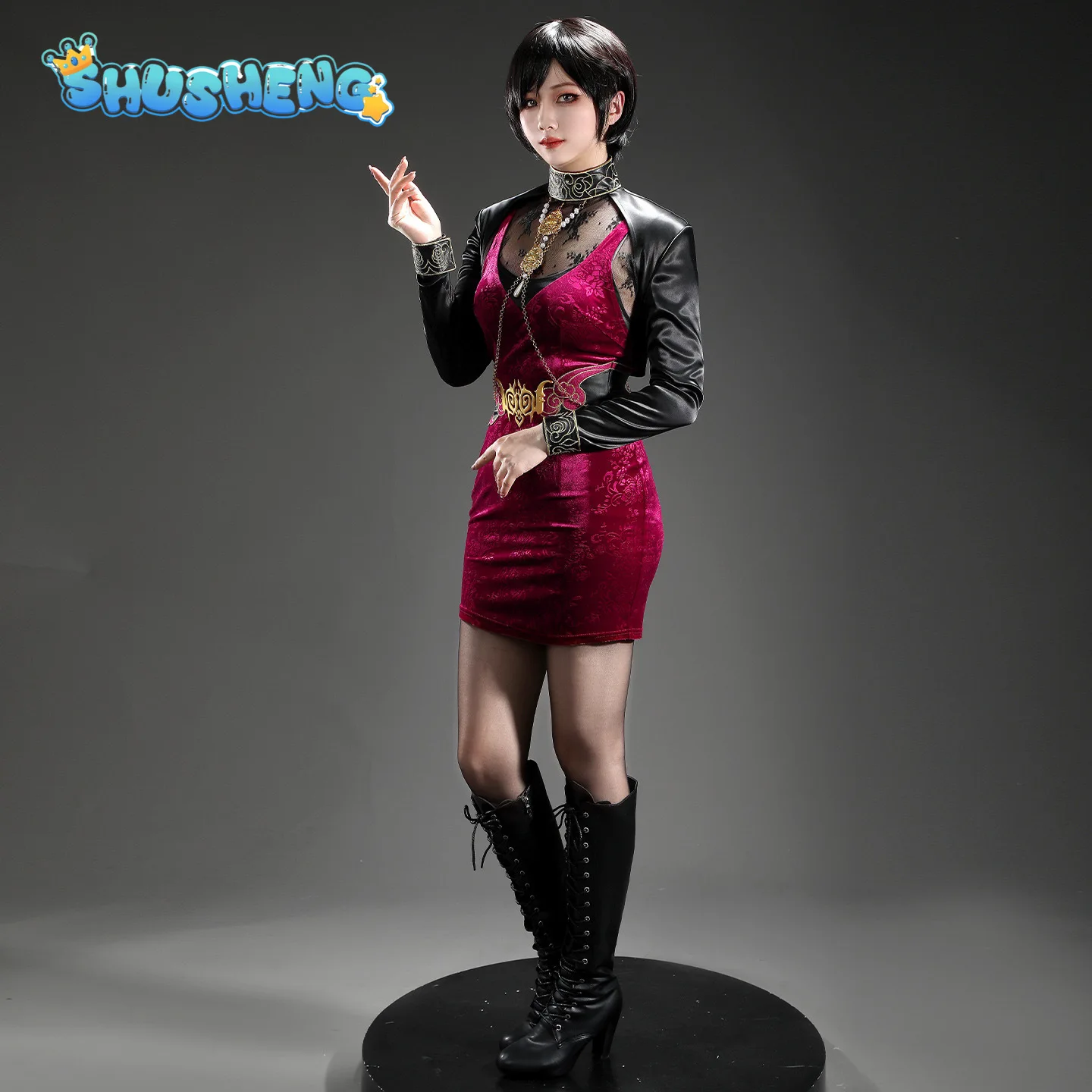 

Костюм для косплея Ada Wong к 30-летию игры Resident Evil Biohazard, на Хэллоуин, для женщин и мужчин, сексуальное золотое бархатное платье, туфли, костюм