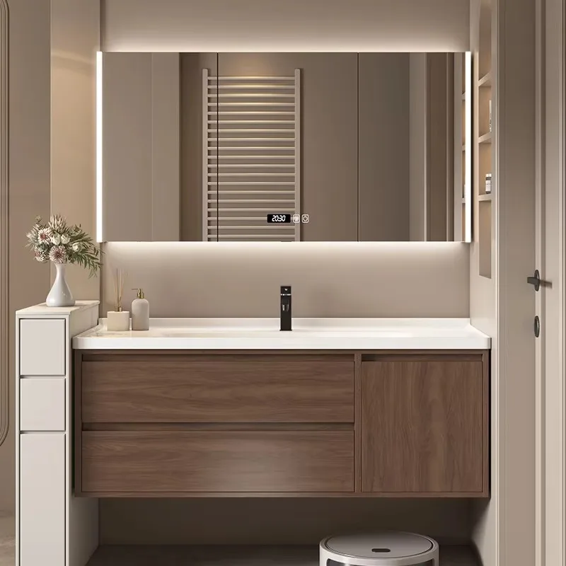 Modern Curved Edge Solid Wood Bathroom Vanity With Side Cabinet Ceramic Sink Combo For Hotel Home Use