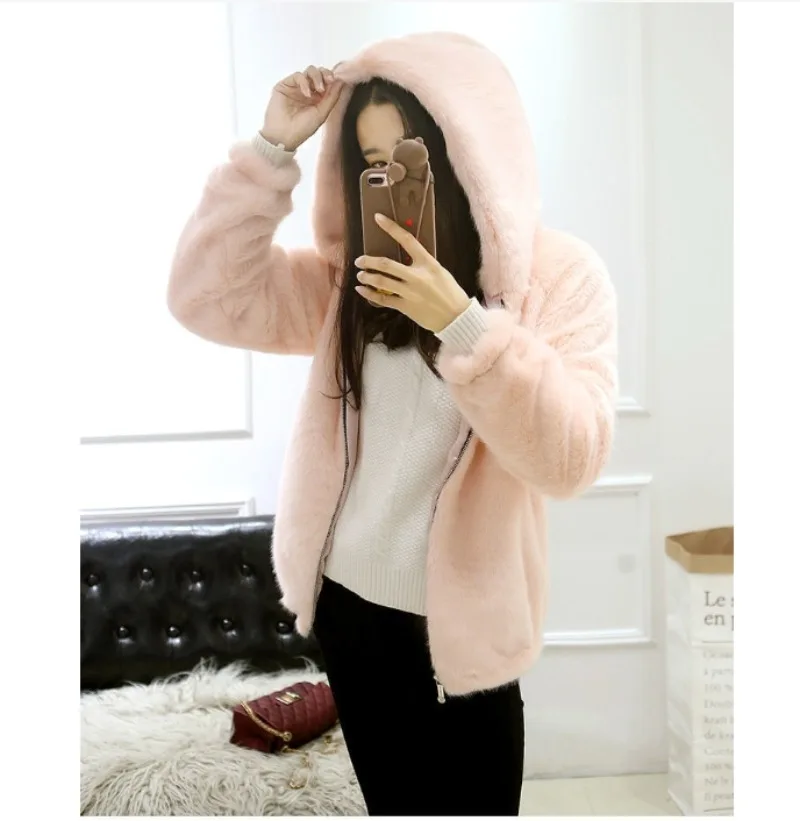 Rabbit Imitation Fur Winter Soft Mink Faux Fur Coat Warm Artificial Fur Hooded Oversized 2023 Fashion Women White Black Jacket