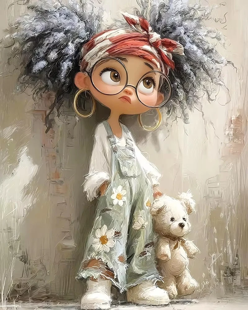 

DIY Cute Cartoon with Teddy Bear Jigsaw Puzzle, Daisy Overalls and Round Glasses Art for Living Room Wall Decor