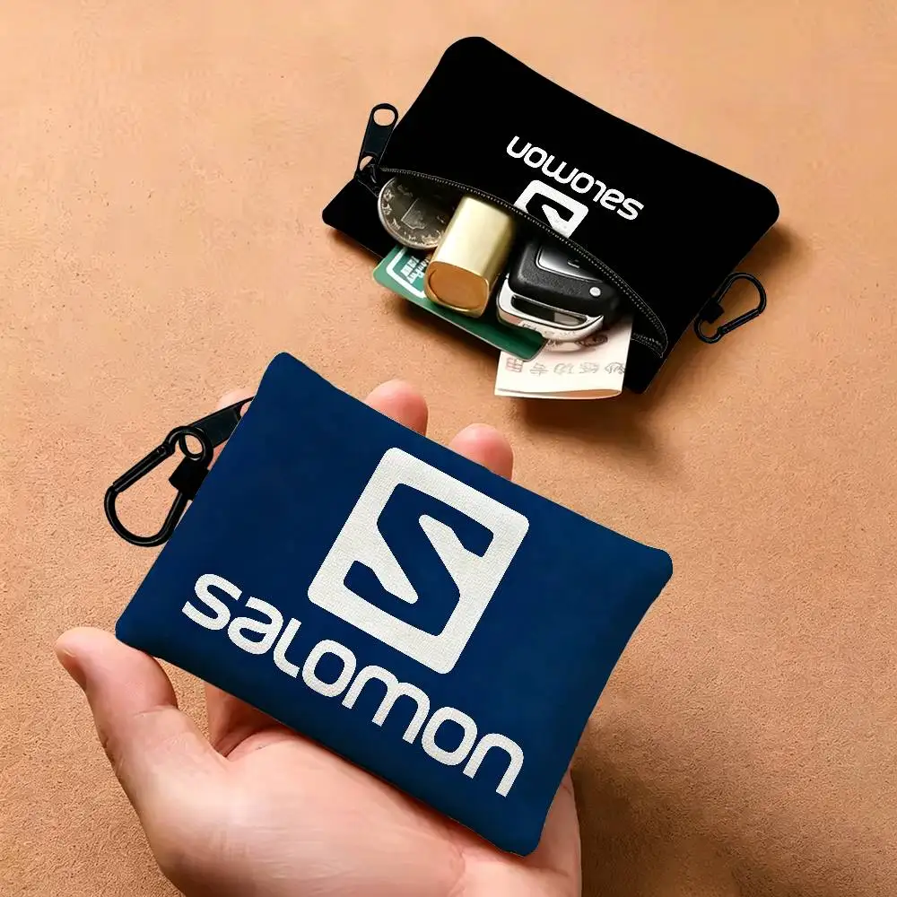 Classic S-SALOMONS Portable Oxford Cloth Coin Purse Alloy Carabiner Hook Small Zipper Pouch For Backpack Belt Daily