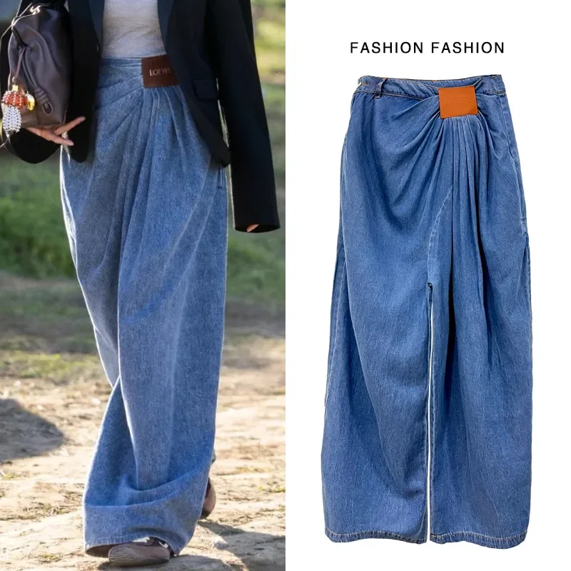 

Женские джинсы с высокой талией и широкими штанинами, новинка лета 2025 года, свободные и тонкие драпированные прямые брюки с высокой талией