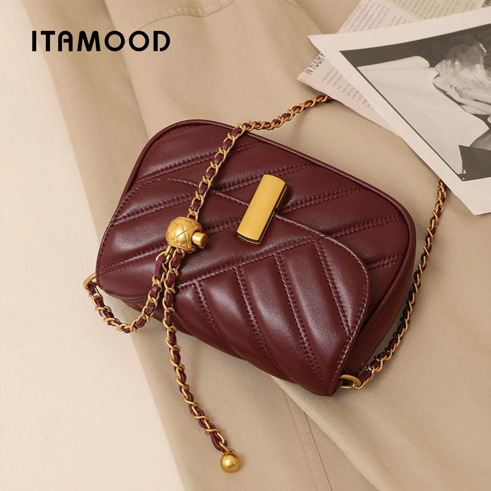 ITAMOOD Leather Quilted Shoulder Bag, Chain Shoulder Handbag, Luxury Stripe Crossbody Bag