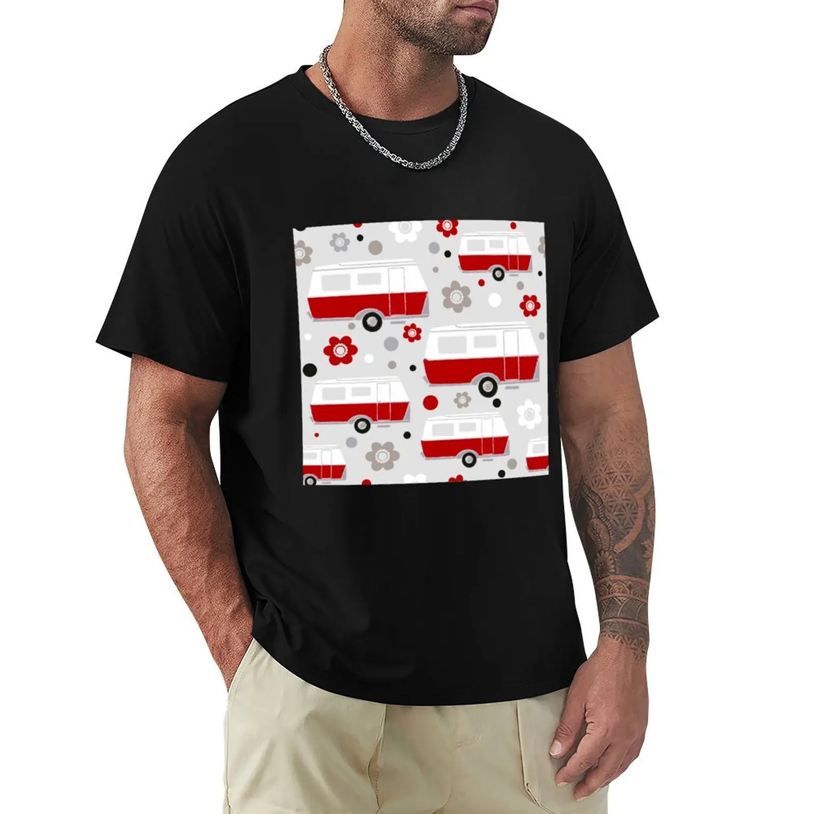 Vintage Caravan in Red, White and Grey T-Shirt man t shirts cotton T-Shirt