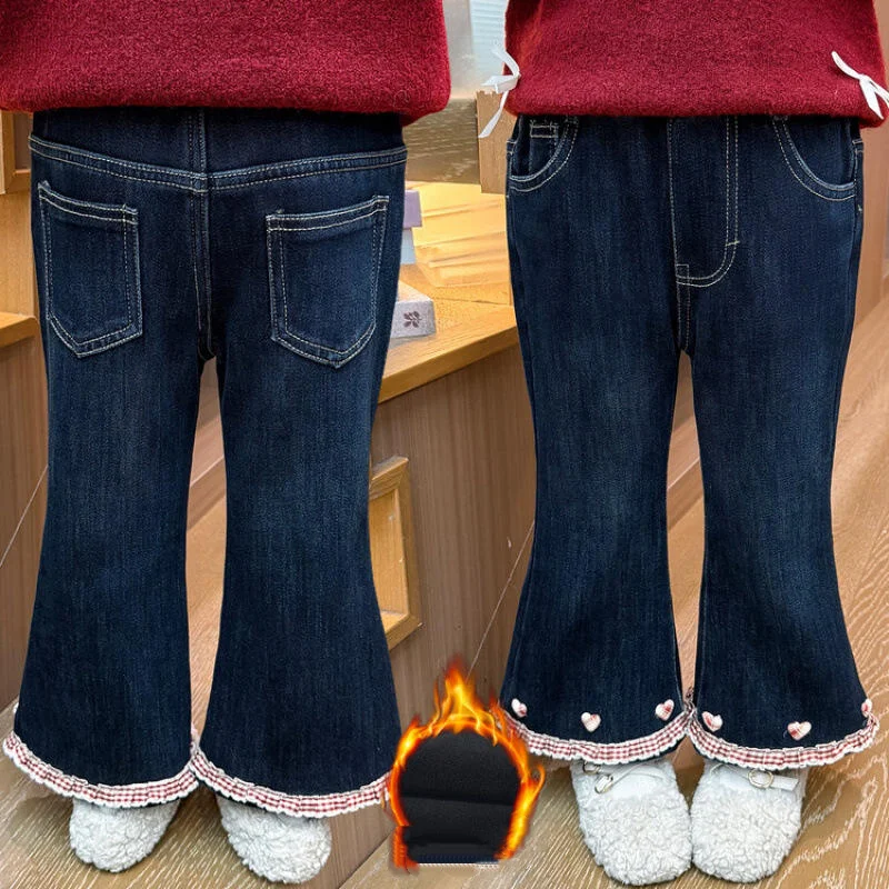 

Girl Thicken Jeans Winter Autumn Bell-Bottoms Elastic Waist Homewear Child Versatile Keep Warm Kawaii Fashion Casual Clothing