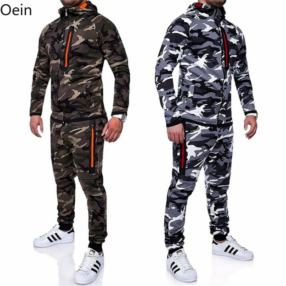 Mens Camouflage Tracksuit 2 Piece Casual Pants Jacket Sweatsuit Sweatshirt Set