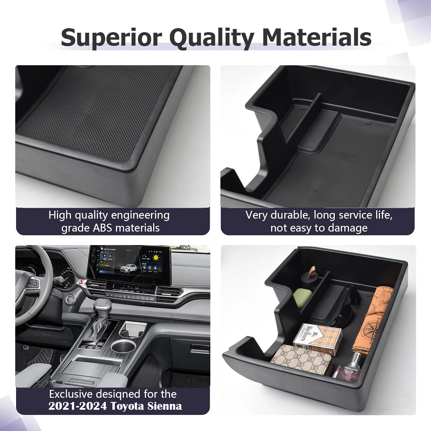 Center Console Bottom Organizer Floor Storage Box Tray for 2021 2022 2023 2024 Toyota Sienna Compartment Interior Storage Box