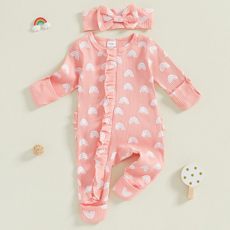 Baby Mädchen Herbst Overall gekräuselt Reiß verschluss Regenbogen Print Langarm Rundhals Stram pler Bogen Stirnband