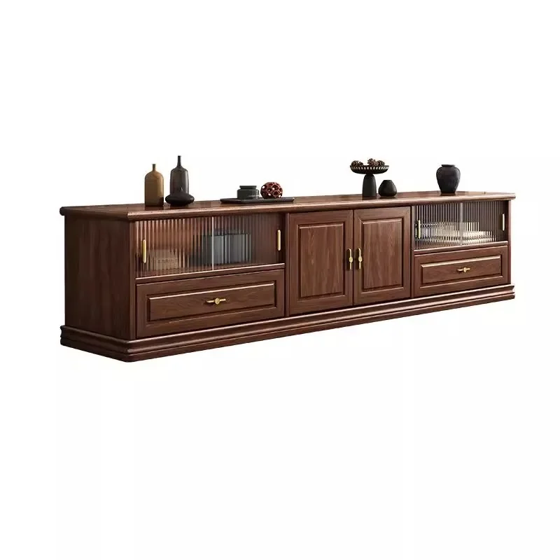 

New Chinese black walnut solid wood TV cabinet floor-to-ceiling retro storage coffee table