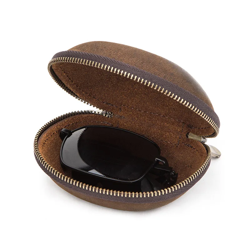 Creative Folding Sunglasses Glasses Case Crazy Horse Leather Hook Zipper Glasses Storage Box