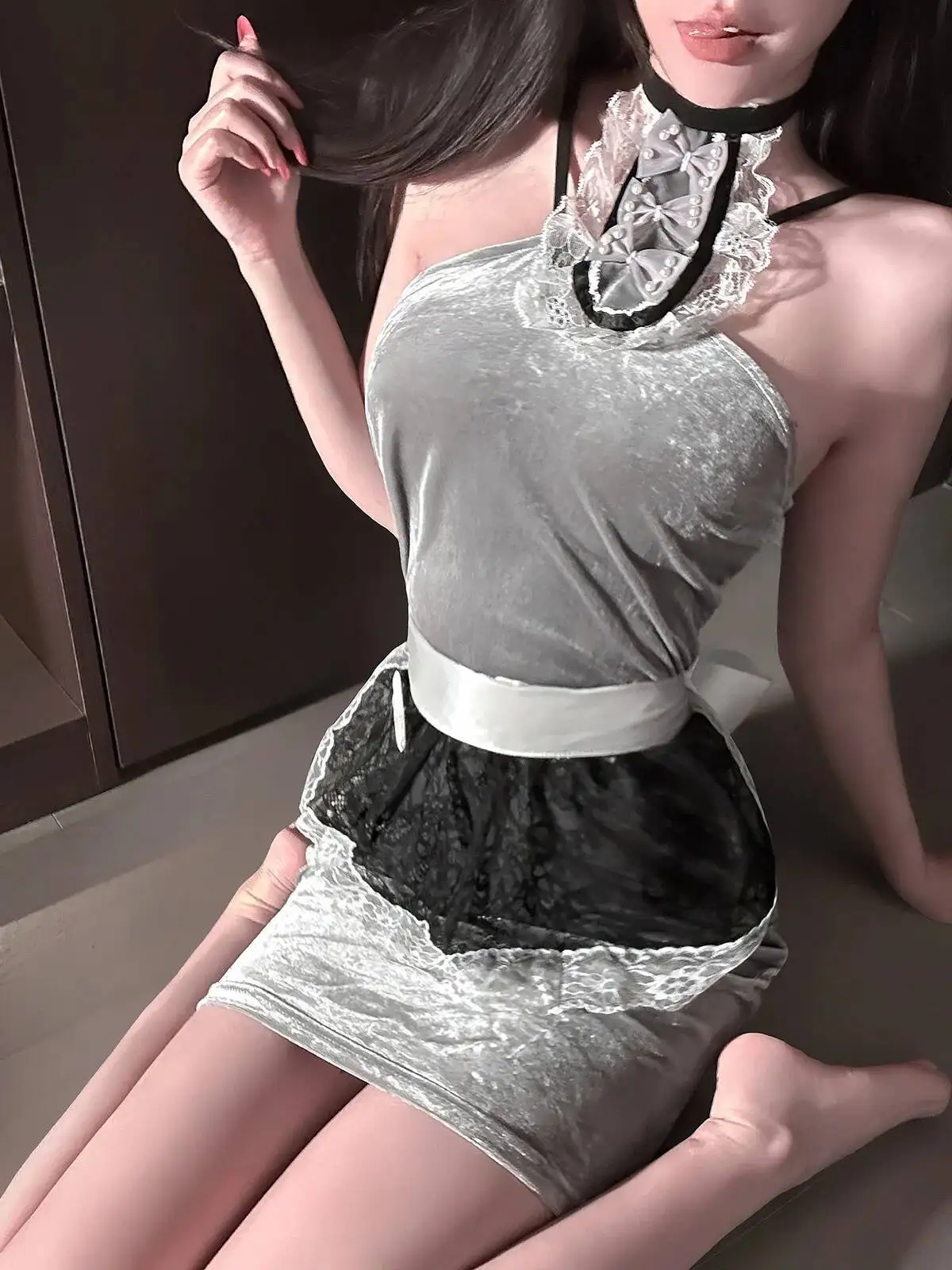 Seksowna Urocza Słodka Strój Pokojówki Czysta Pożądanie Kobieca Sukienka Styl Bojowy Czysta Pożądanie Sukienka z Koronkowym Wykończeniem i Kokardą Fartuch Urocza VQEB