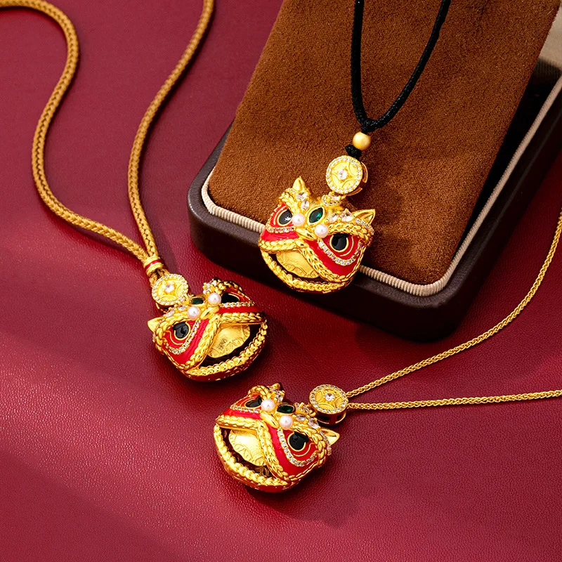 

Chinese Style Sand Gold Pendant Women National Trend Oil Drip Zircon Inlaid Lion Dance Necklace Vintage Imitation Gold Jewelry