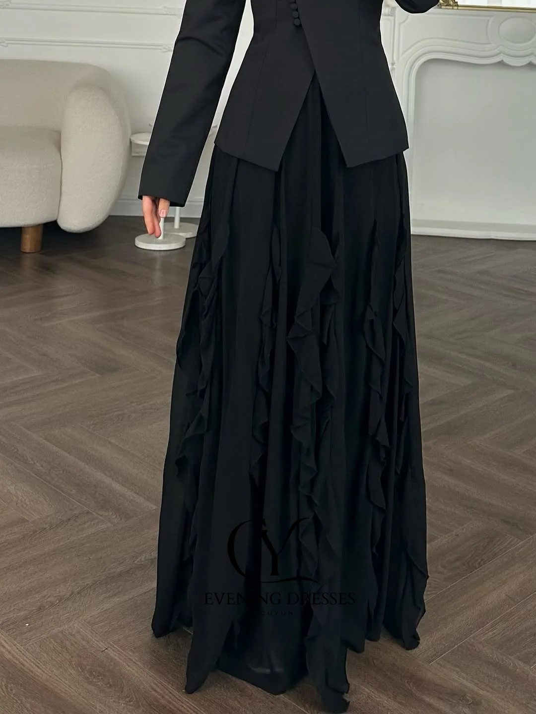 CUYUN Zwarte Vrouwen Bescheiden Avondjurk Blazer Stijl Knoppen Lange Mouwen Formele Evenement Jurken Aangepaste Ruches Chiffon Jurk