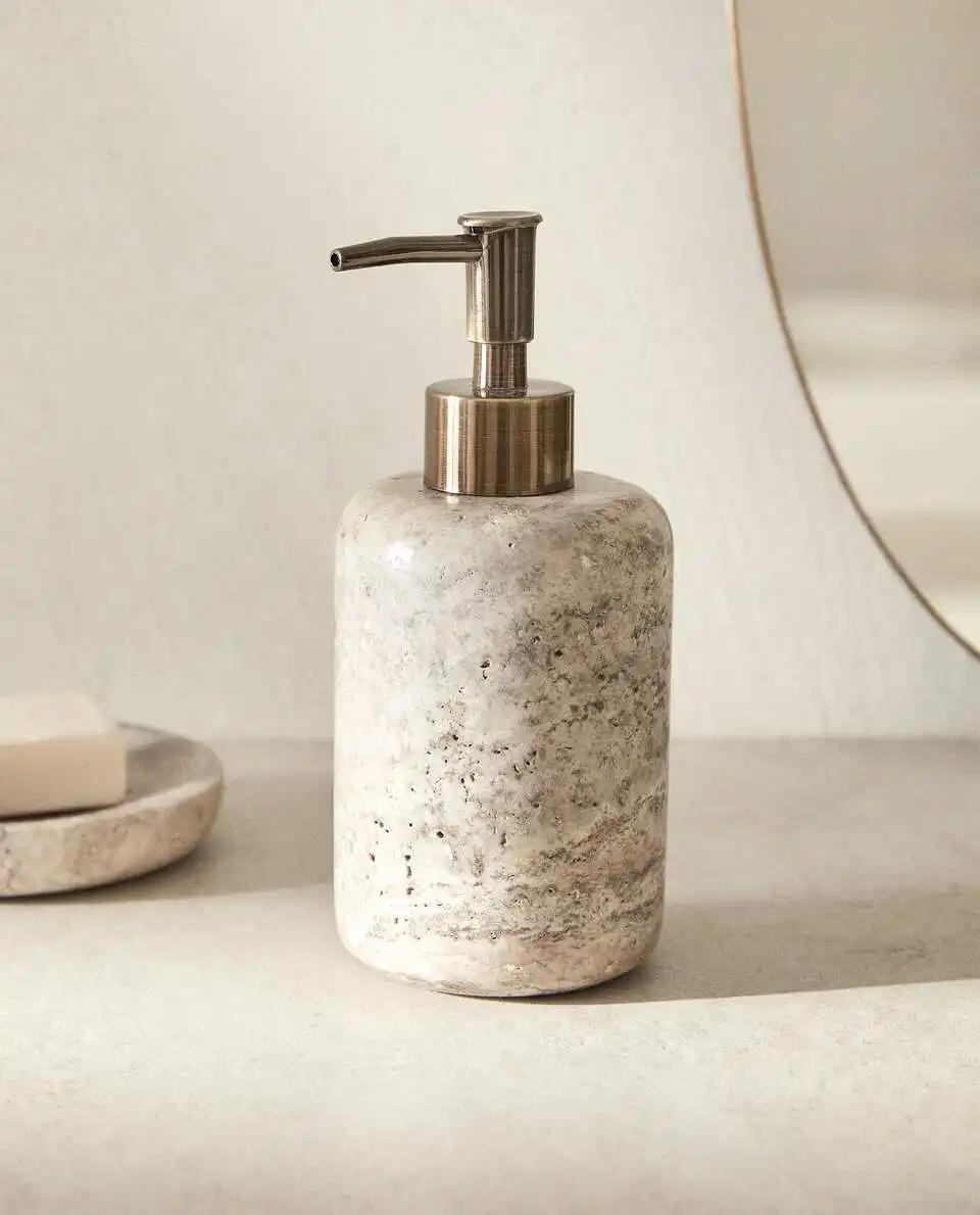 stonekocc Travertine Marble Stone Refillable Bathroom Liquid Dispenser Lotions Soap Container With Stainless Steel Pump Heads