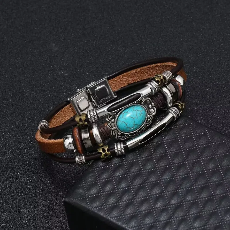 Men Bohemian Bracelet Imitation Turquoise Beaded Leather Durable Stainless Steel Clasp Cuff Hand Jewelry Birthday Gift for Party