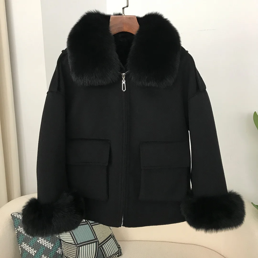 Double-sided Wool Coat Removable Inner Liner Plus Fleece Short Fur Jacket 2024 Autumn Winter Fox Fur Collar Jacket Real Fur Coat