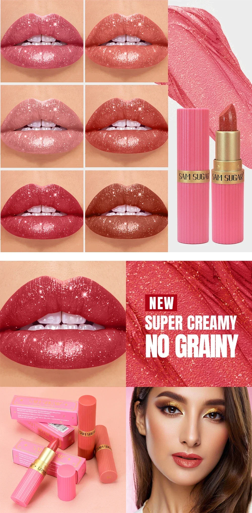 Diamant glänzender samtmatter Lippenstift, glitzernd, schimmernd, perlmuttartig, sexy rote Lippentönung, antihaftbeschichteter Lippenstift, hochpigmentierte Lippen, Kosmetik – Detail 5