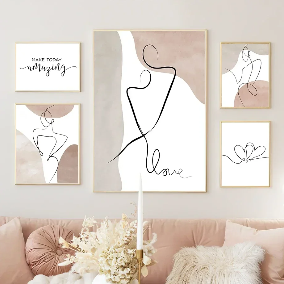 Abstract Line Heart Lady Pink Color Block Minimalist Wall  Print Canvas Painting Posters for Living Room Modern Home Decor