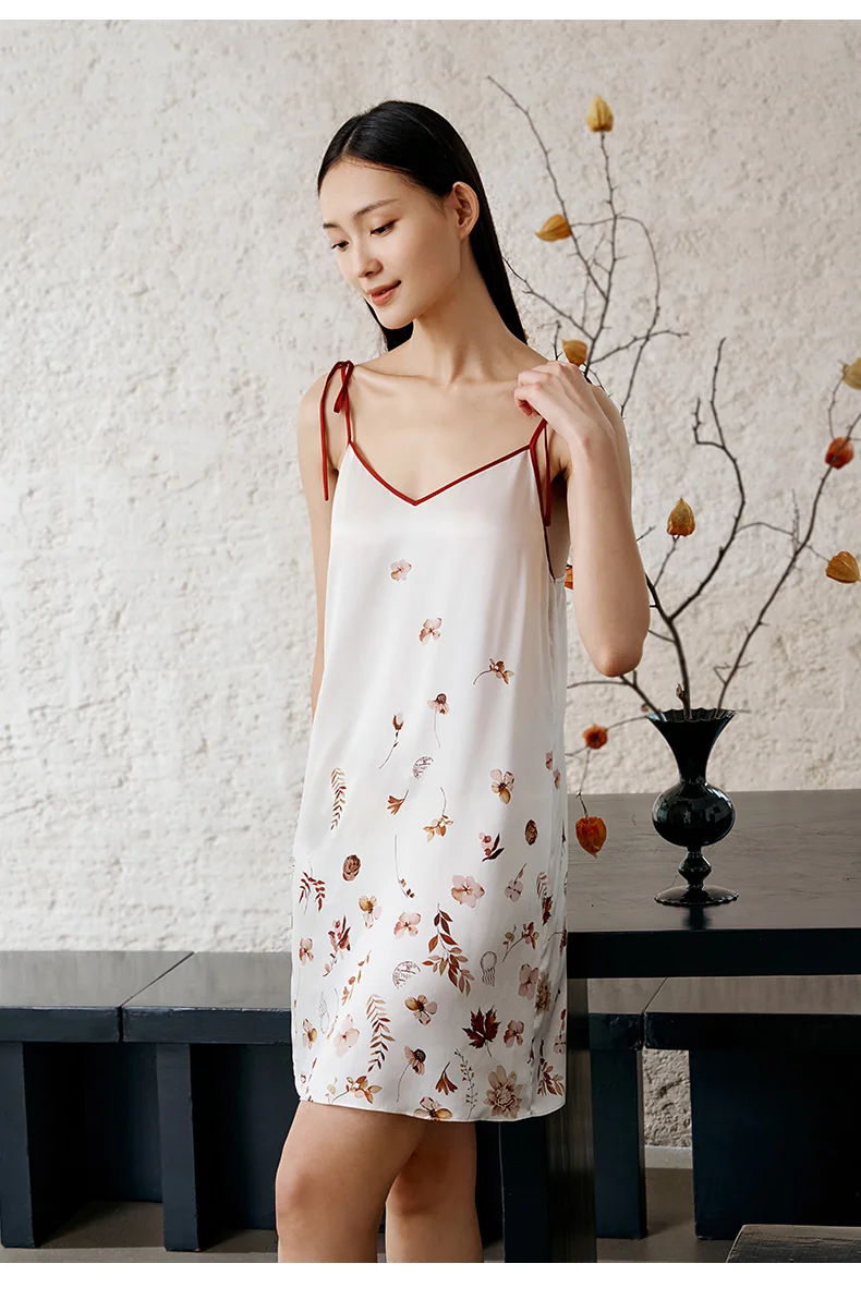 BirdTree, 100%Mulberry Silk Spaghetti Nightgown, Women V Neck Print, Comfortable Sweet Pajama Dress, 2024 Summer Autum P47658QC