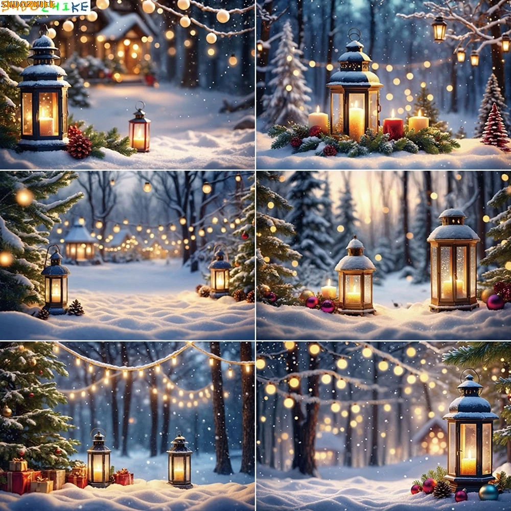 

Christmas Party Snow Winter Background Outdoor Pine Tree Lamp Photo Backdrop Children Photography Studio Photocall Props