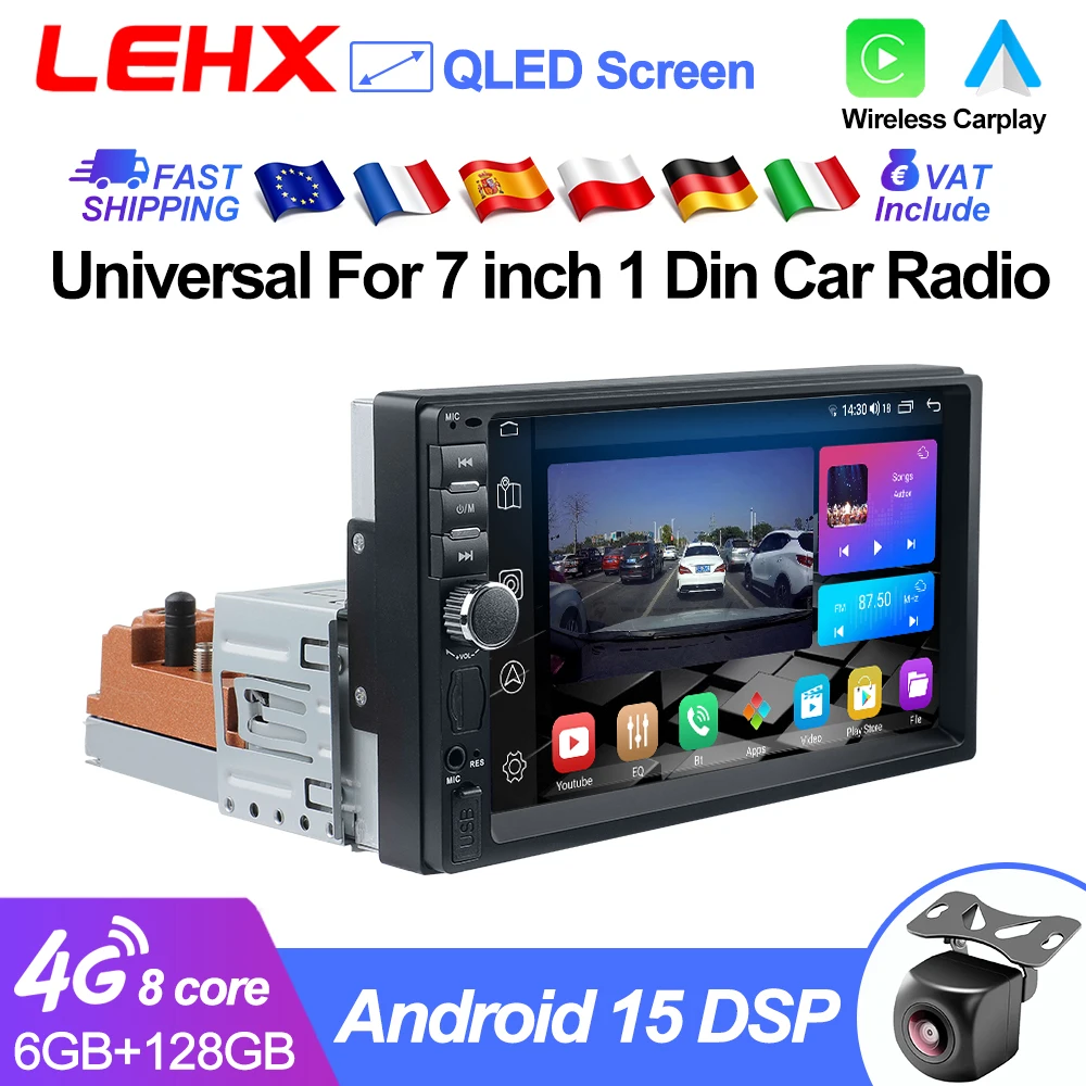 LEHX 1Din Autoradio universale Android 15 Stereo per auto Carplay e Android Auto Lettore multimediale Touch Screen da 7“ 1 Din