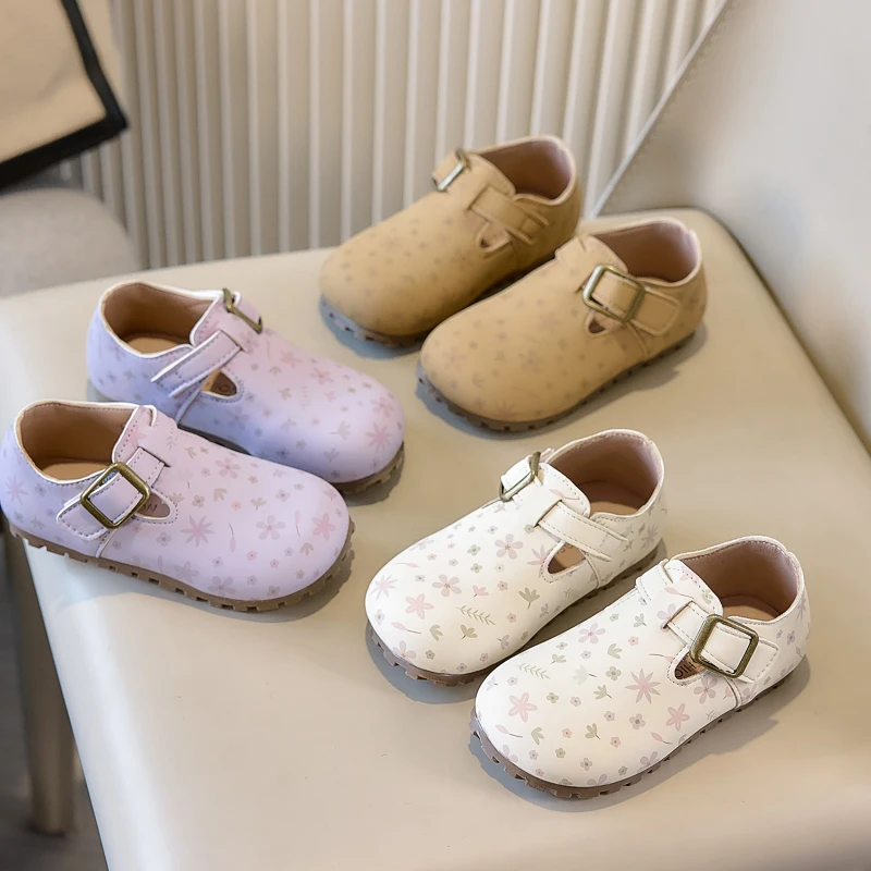 Girls Flats Retro Shoes Round Toes Printed Flora Kids Moccasins Shoes Sweet Children Casual Leather Shoes Rubber Soft Sole
