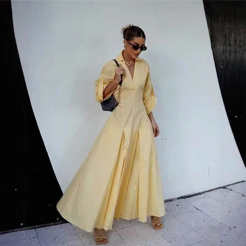Vestido camisa outono feminino amarelo com decote em v gola virada para baixo babados cintura alta maxi vestido para feminino elegante temperamento senhora vestido
