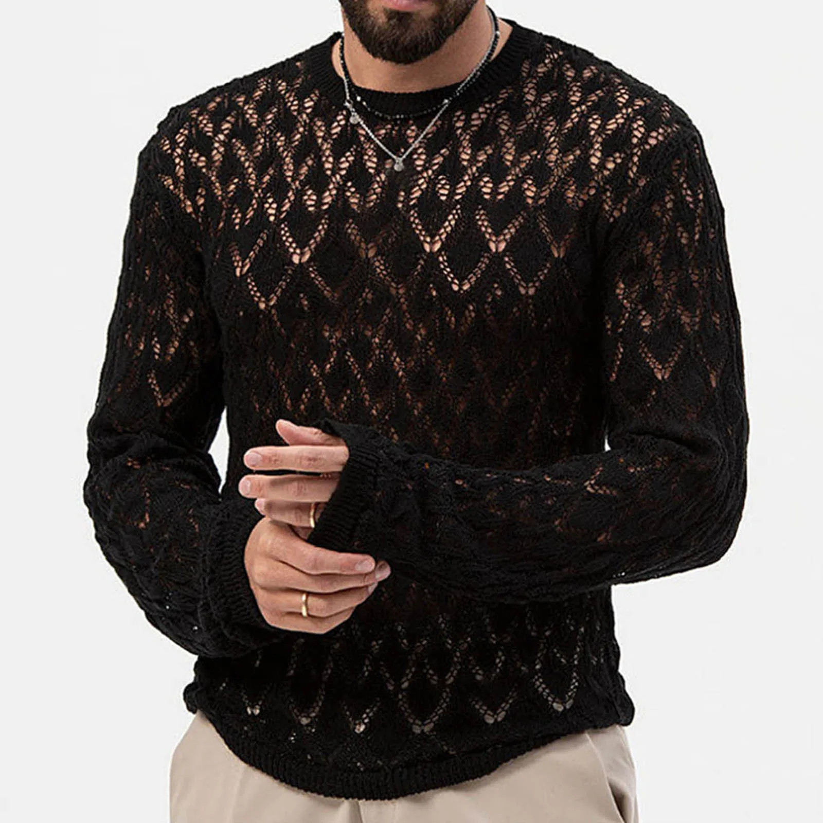 

Men's Autumn and Winter Knitted Jumper Fashion Casual Hollow Round Neck Solid Colour Comfortable Lazy Pullover Knitted Jumper