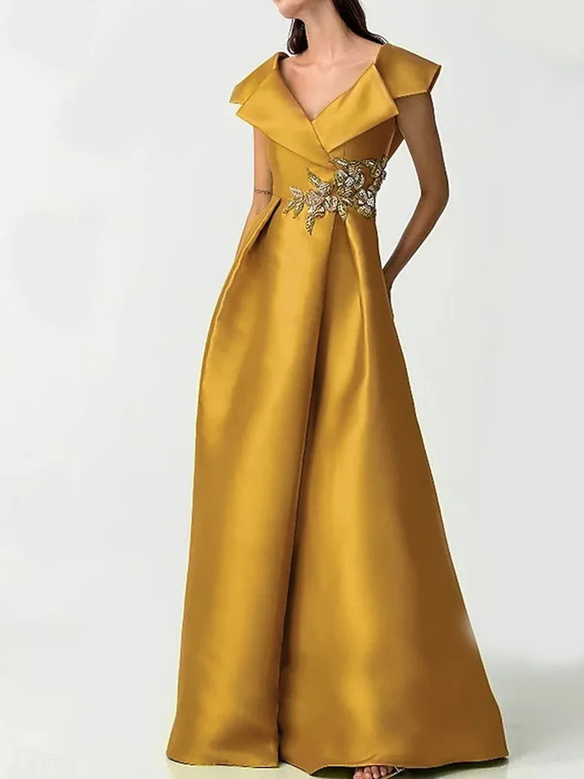 

Elegant concise A-Line Satin Prom Dress V Neck Floor Length Short Sleeves Solid Color Formal Evening Gown 2025 free customized