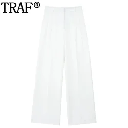 TRAF Womens 2023 White Pants Women High Waist Baggy Pants Woman Office Casual Summer Trousers Pleated Streetwear Wide Leg Pants