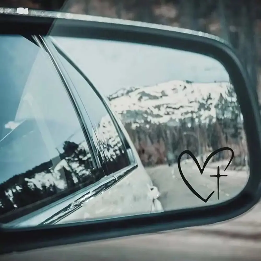 2Pcs/Set Heart Pattern Car Mirror Sticker Universal Sunproof Rearview Mirror Decal Waterproof Wear Resistant Heart Cross Sticker