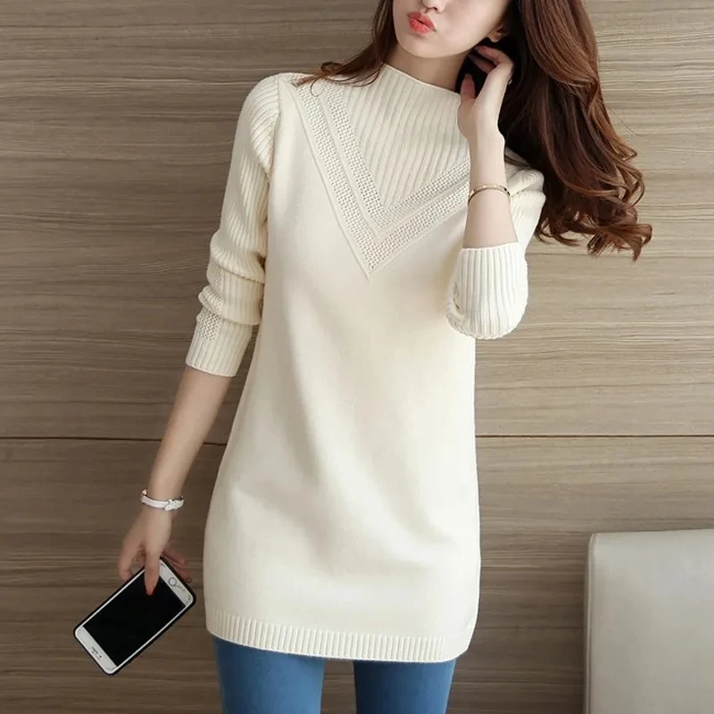 

2024 Autumn New Turtleneck Sweater Women Korean Loose Medium Long Thick Knit Top Pullover Bottoming Sweaters Pull Jumper Knitted