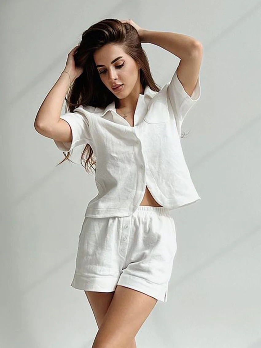 Martha qiqi weiß Sommer Damen Nachtwäsche Set Kurzarm Crop Top Pyjama Turn-Down Kragen Nachthemden Shorts lässig Pyjama Anzug