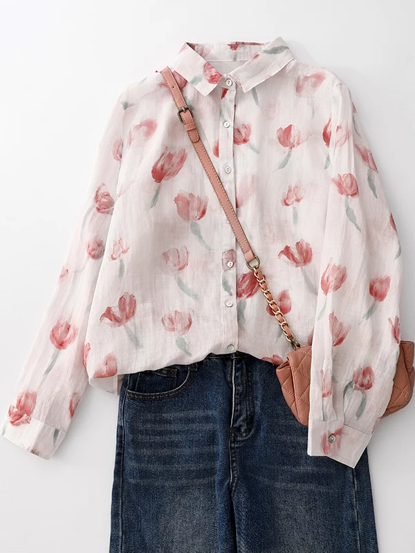 

Casual Long Sleeve Women's Shirt Floral Print Loose Fit Slimming Large Size Comfortable Top Trendy Commute Style Spring Wear