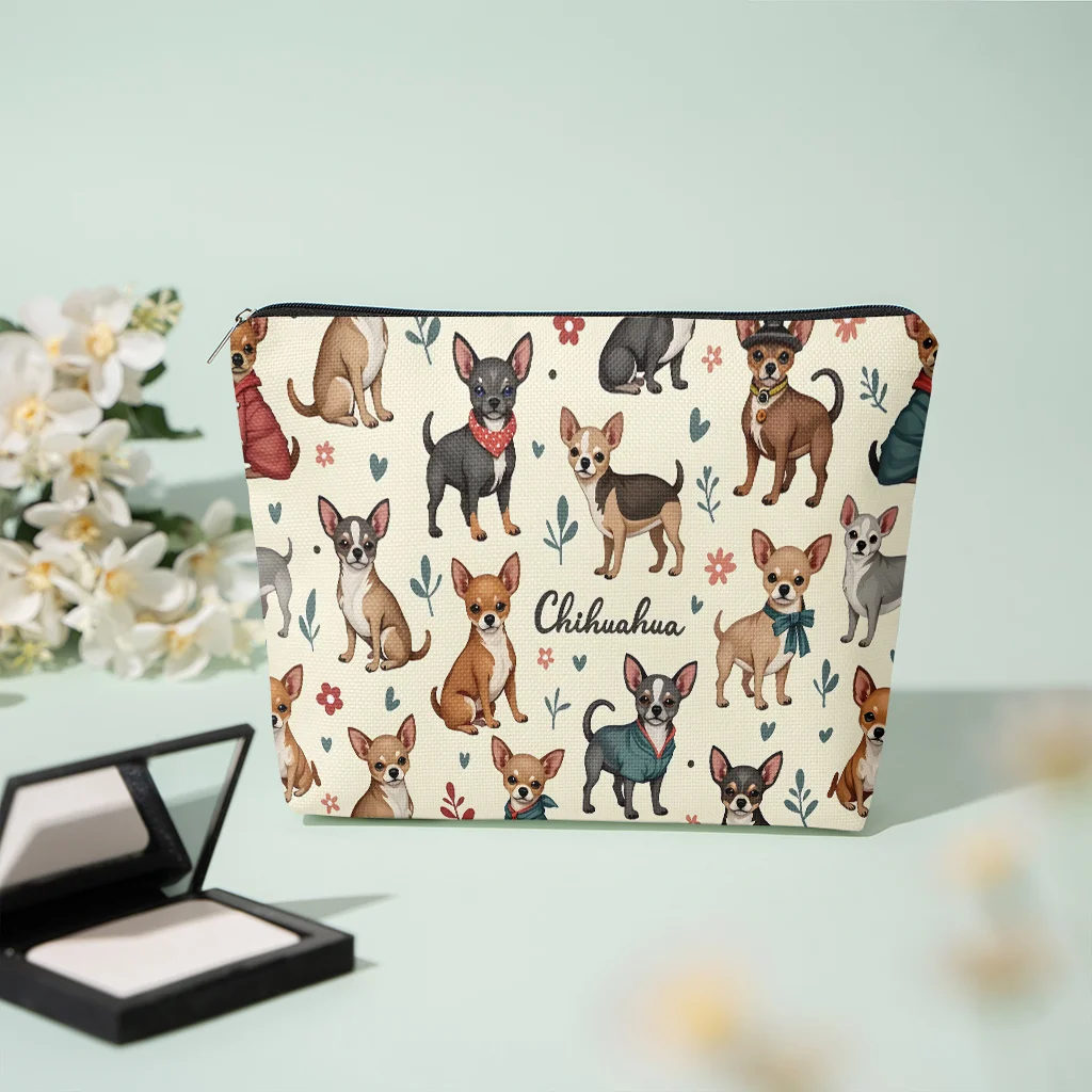 Cute Chihuahua Dog Floral Print Cosmetic Bag Zipper Makeup Pouch Portable Travel Toiletry Storage Bag Dog Lover Gift for Women