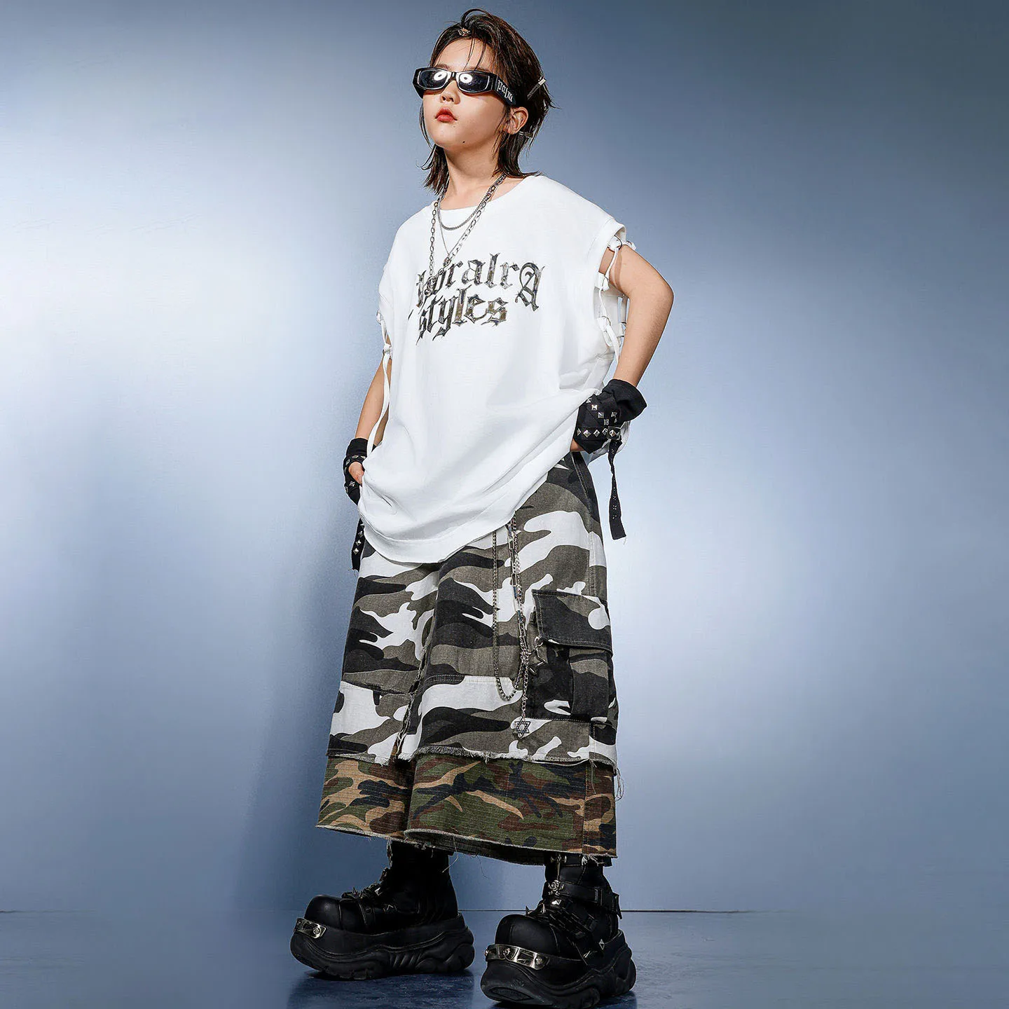 Vêtements Hip Hop Kpop pour enfants, débardeur Long à bretelles blanches, camouflage bloc de couleur, short Cargo, pantalon moyen pour filles et garçons, Costumes de danse