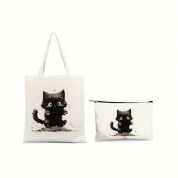 2szt Cute Black Cat Design Canvas Tote Bags Set Fashion Shoulder Bag with Travel Cosmetic Handbag Casual Shopping Bag Decorate