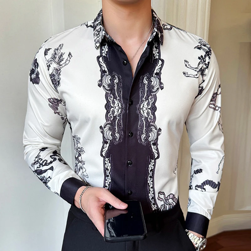 

Oversized M-XL Luxury Print Men's Shirts Autumn Long Sleeve Lapel Business Casual Formal Shirt Regular Fit Formal Dress Shirt