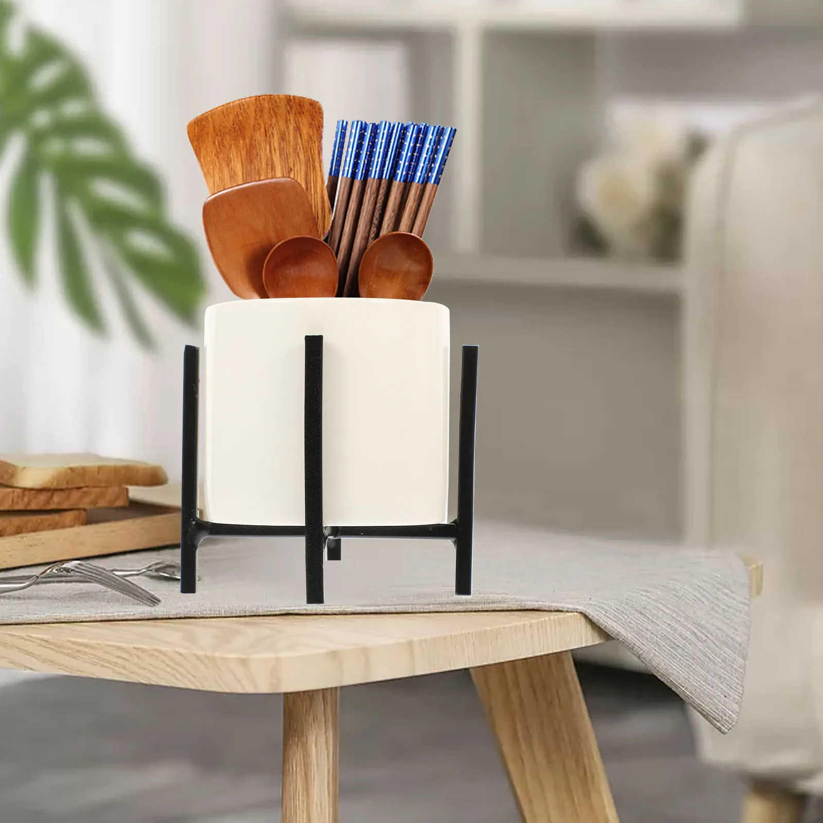 

Ceramic Chopstick Holder with Iron Stand Fresh Simple Color Wear-Resistant Easy Clean Utensil Storage for Kitchen Countertop