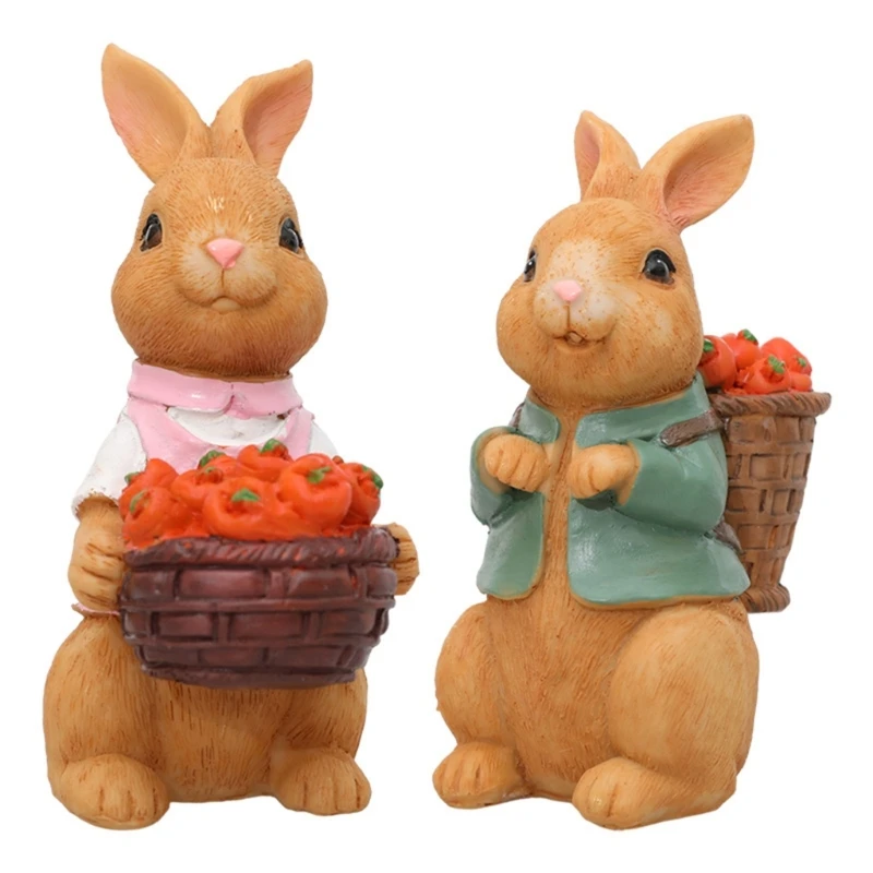 

G6KF Resin Rabbit Easter Decoration Vintage Figurine Ornament with Carrot and Basket Miniature Statues Decor Garden Decor