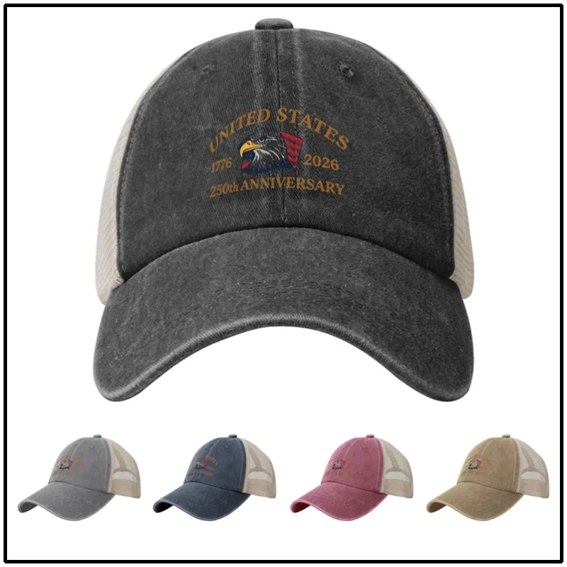 United States of America Print Summer Mesh Back Baseball Cap Unisex Low Profile Trucker Hat Vintage Washed Distressed Denim Caps