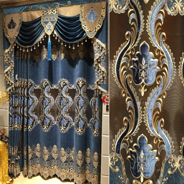 

Custom European Chenille jacquard laser hollowed-out embroidery villa blue cloth blackout curtain tulle valance drape C1680