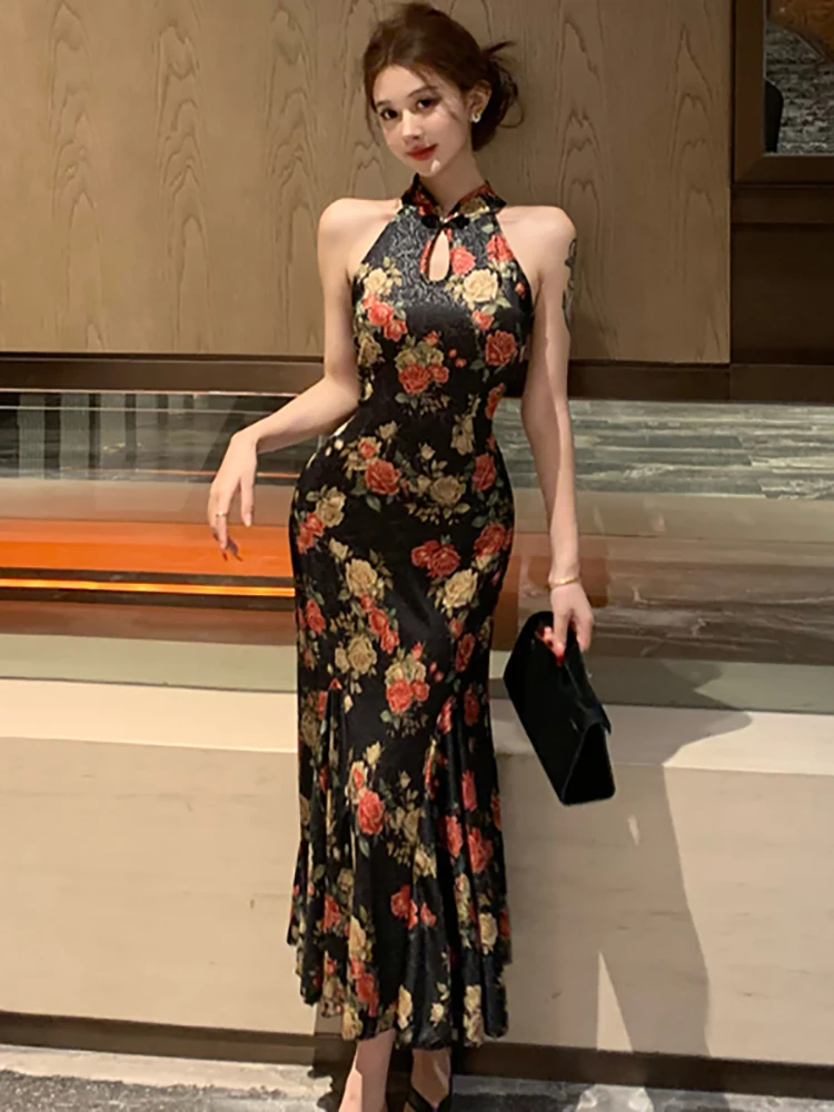 Abito lungo sexy montato al collo floreale moda donna elegante abito arricciato primavera estate 2025 abiti aderenti moda coreana