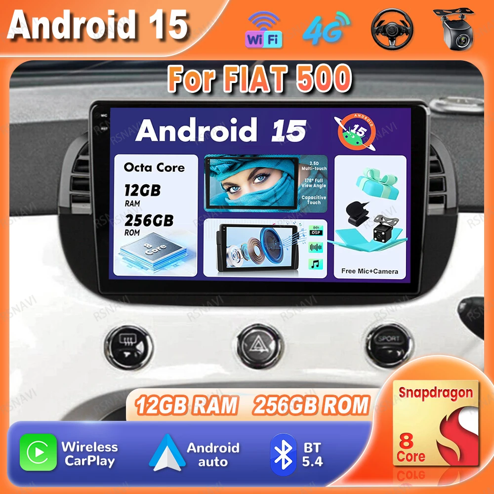 

Car Radio Android 15 For FIAT 500 Navigation Viedo Player QLED 4G LTE Multimedia Wireless Carplay Auto DVD Qualcomm DSP GPS BT
