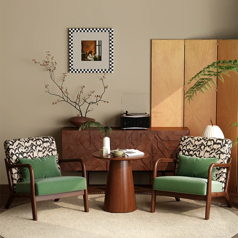 

Retro single sofa chair living room bedroom lazy leisure chair hotel reception solid wood balcony tea table chair combination