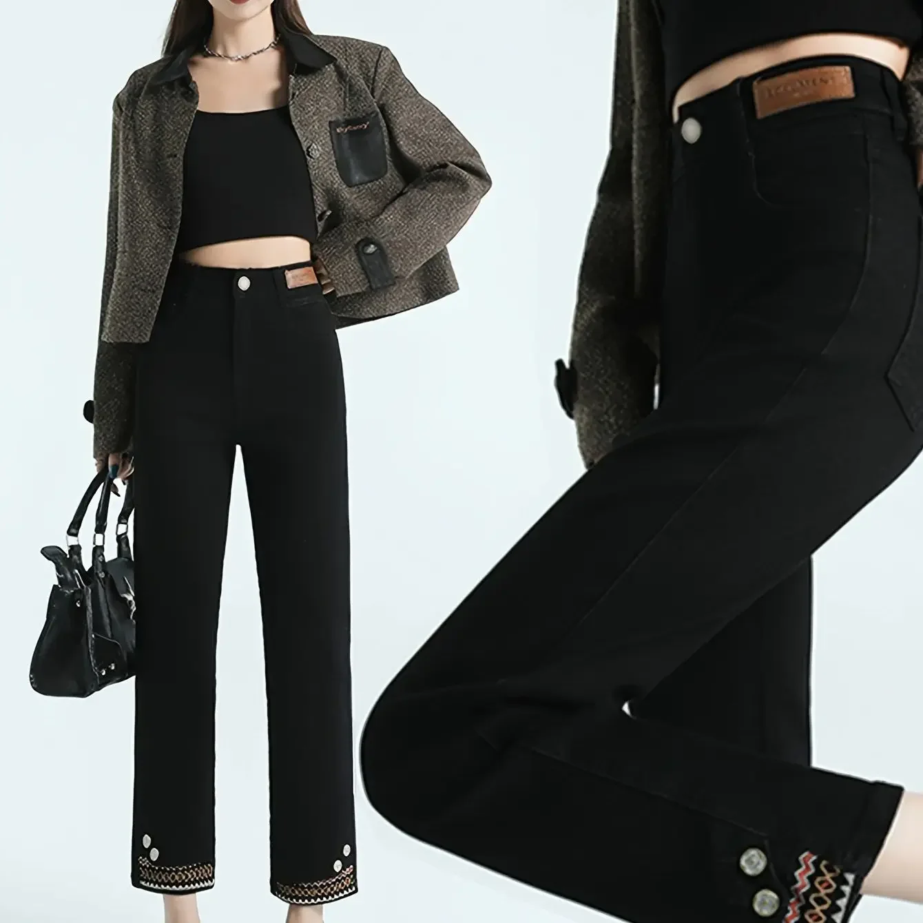 Celana Jeans Y2k Wanita Hitam Model Straight Leg Patchwork Bordir Kasual Celana Pendek Vintage Retro Denim Distressed