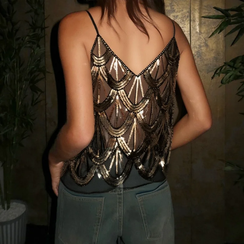 Mulheres sexy ver através de regata brilhante sem mangas com decote em v floral lantejoulas camisola dança rave outfits