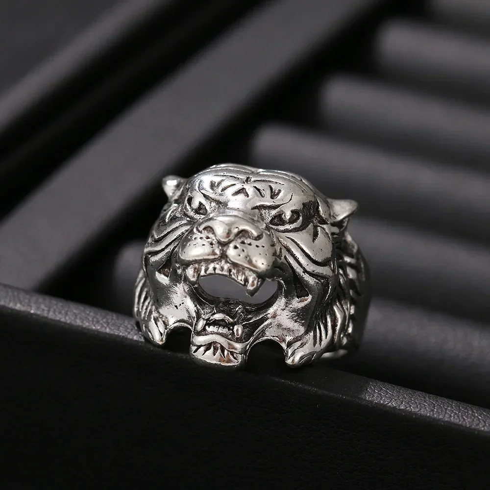 Retro Bully Hip-hop Punk Tiger Head Ring Trendy Animal Pattern Opening Ring Fashion Street Niche Party Accessories