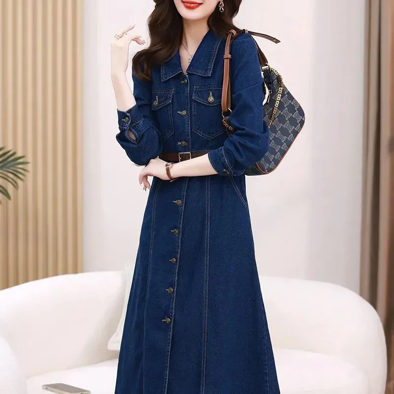 Vestido camisero vaquero de manga larga para mujer primavera otoño nuevos vestidos Retro moda femenina vestidos vaqueros medio largos de un solo pecho
